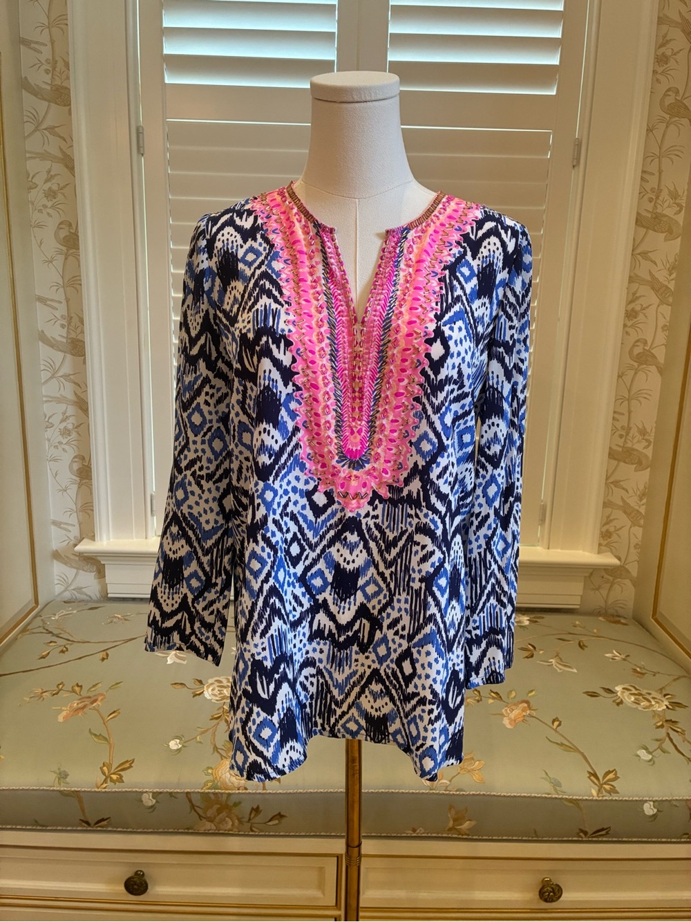Lilly Pulitzer Blue Ikat Silk Tunic with Pink and Gold Beaded Neckline